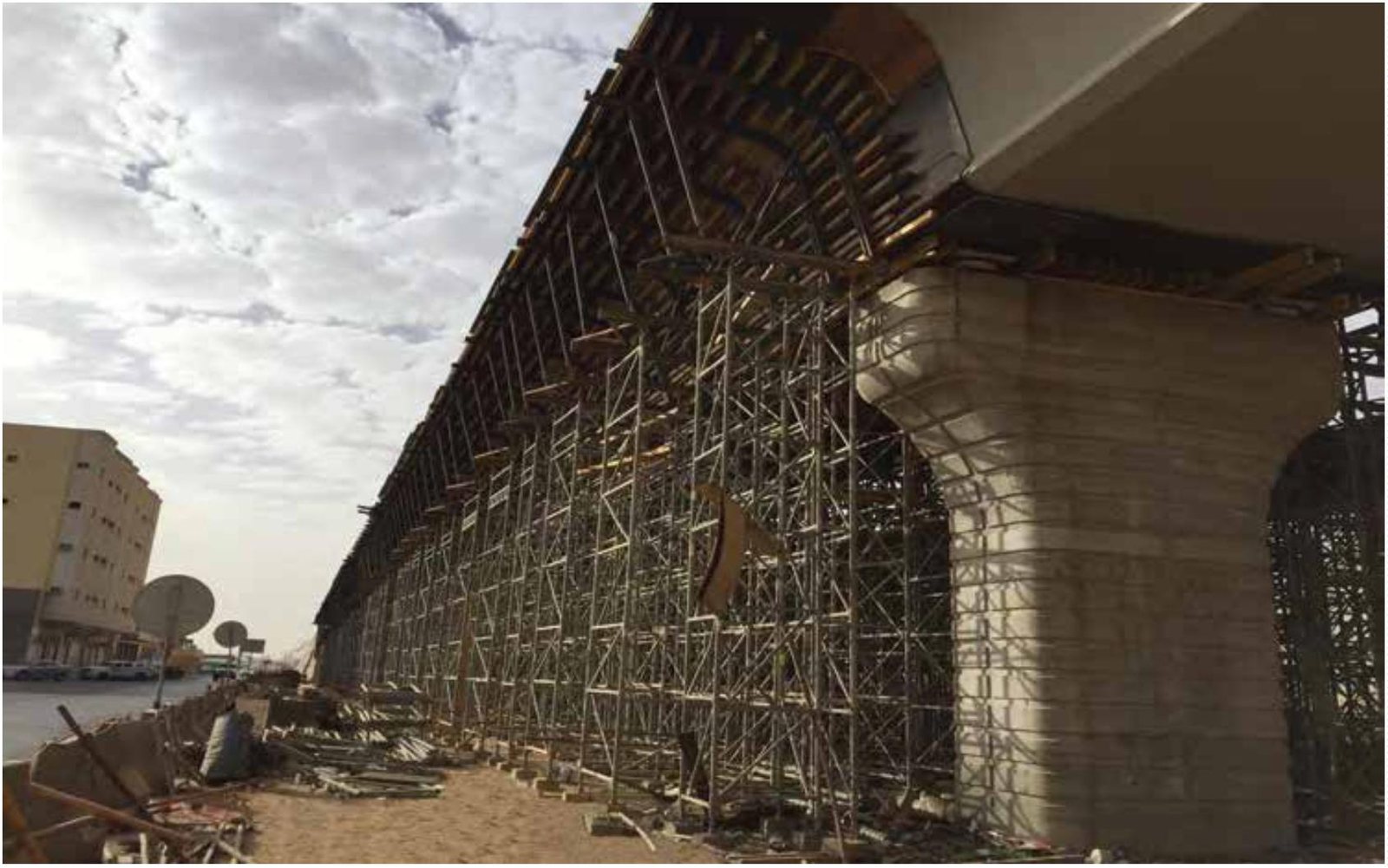 Falsework beneath a bridge deck under construction